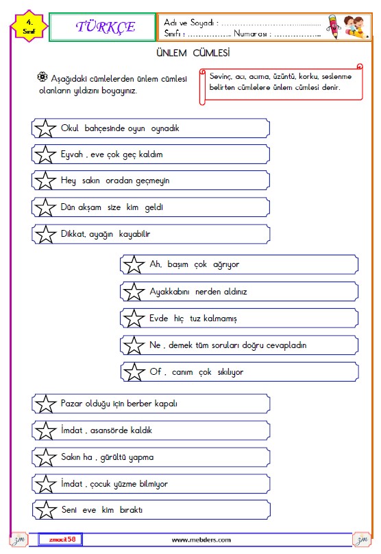 4. Sınıf Türkçe Ünlem Cümlesi Etkinliği